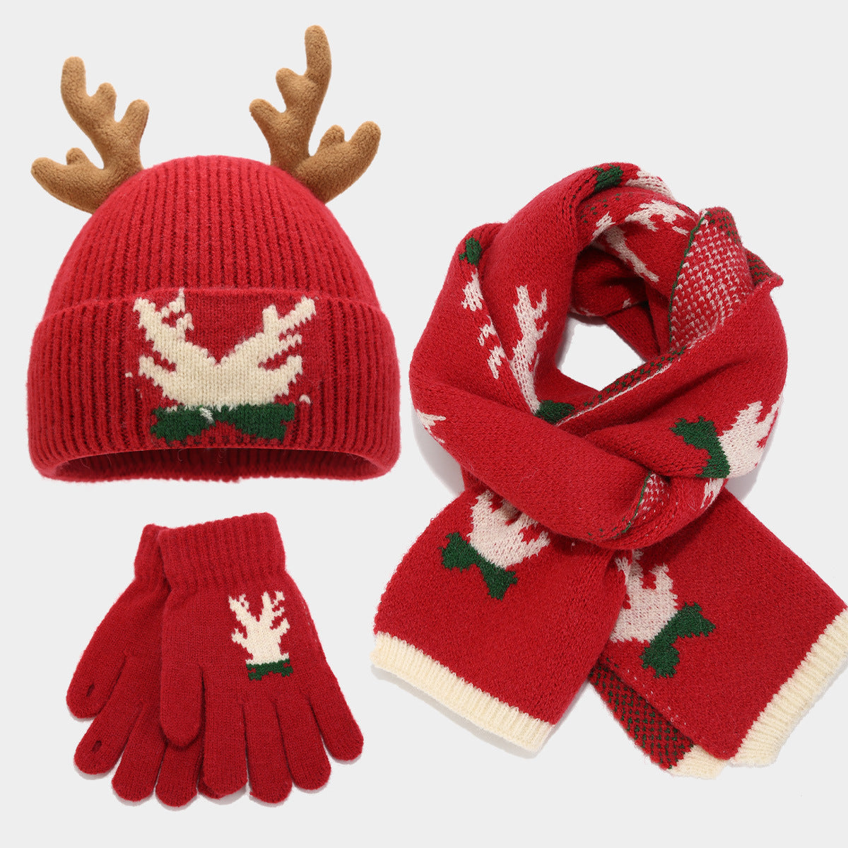 Ensemble 3 pièces : écharpe, bonnet et gants à motifs de bois de renne de Noël (3 couleurs)