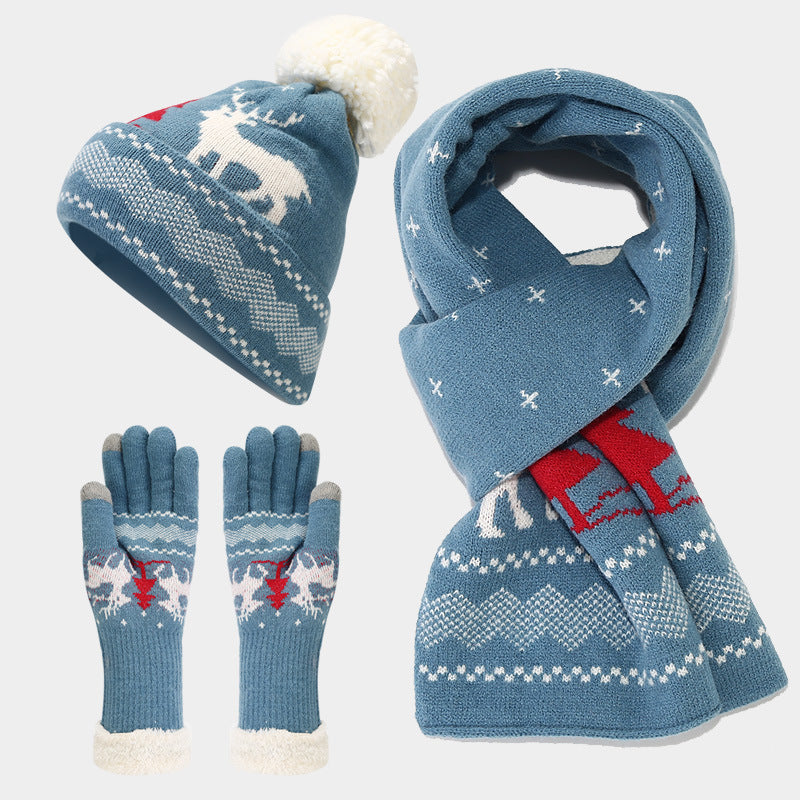 Ensemble bonnet, écharpe et gants à motif rennes de Noël (6 couleurs)
