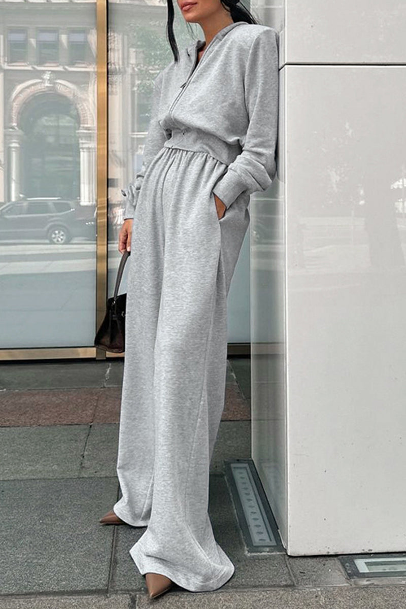 Casual Street Solid Color Pocket Zipper Hooded Long Sleeve Two Pieces(With shoulder pads)