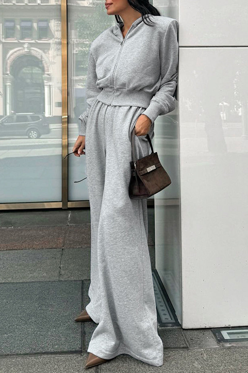 Casual Street Solid Color Pocket Zipper Hooded Long Sleeve Two Pieces(With shoulder pads)