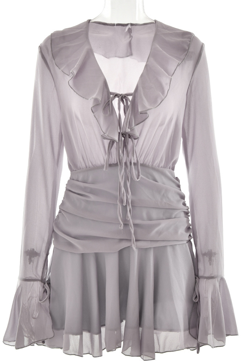 Sexy Schnürkleid mit Rüschen, Raffungen, V-Ausschnitt und A-Linien-Schnitt