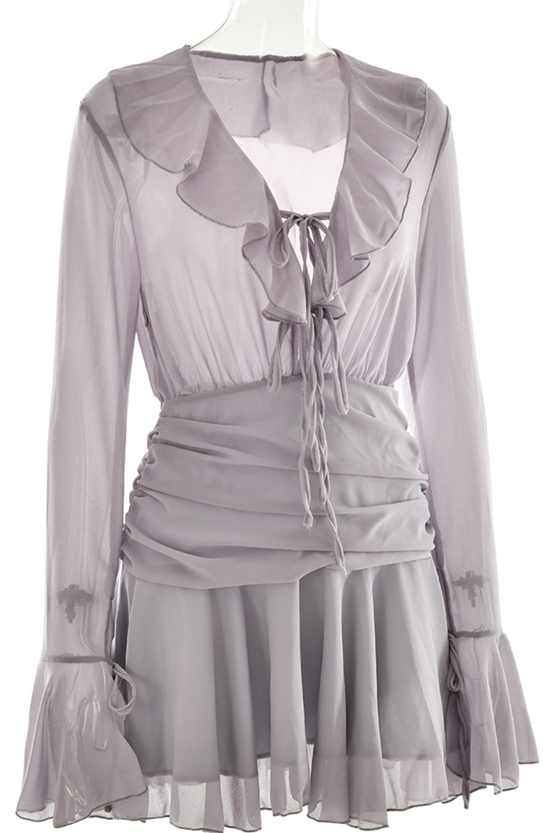 Sexy Schnürkleid mit Rüschen, Raffungen, V-Ausschnitt und A-Linien-Schnitt