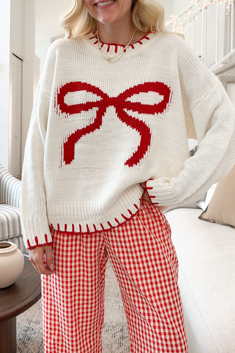 Pull en tricot à col rond avec nœud et contraste