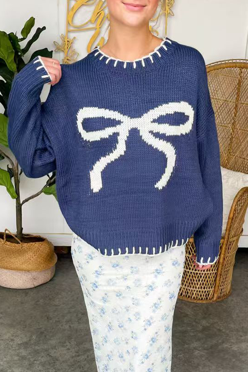 Pull en tricot à col rond avec nœud et contraste