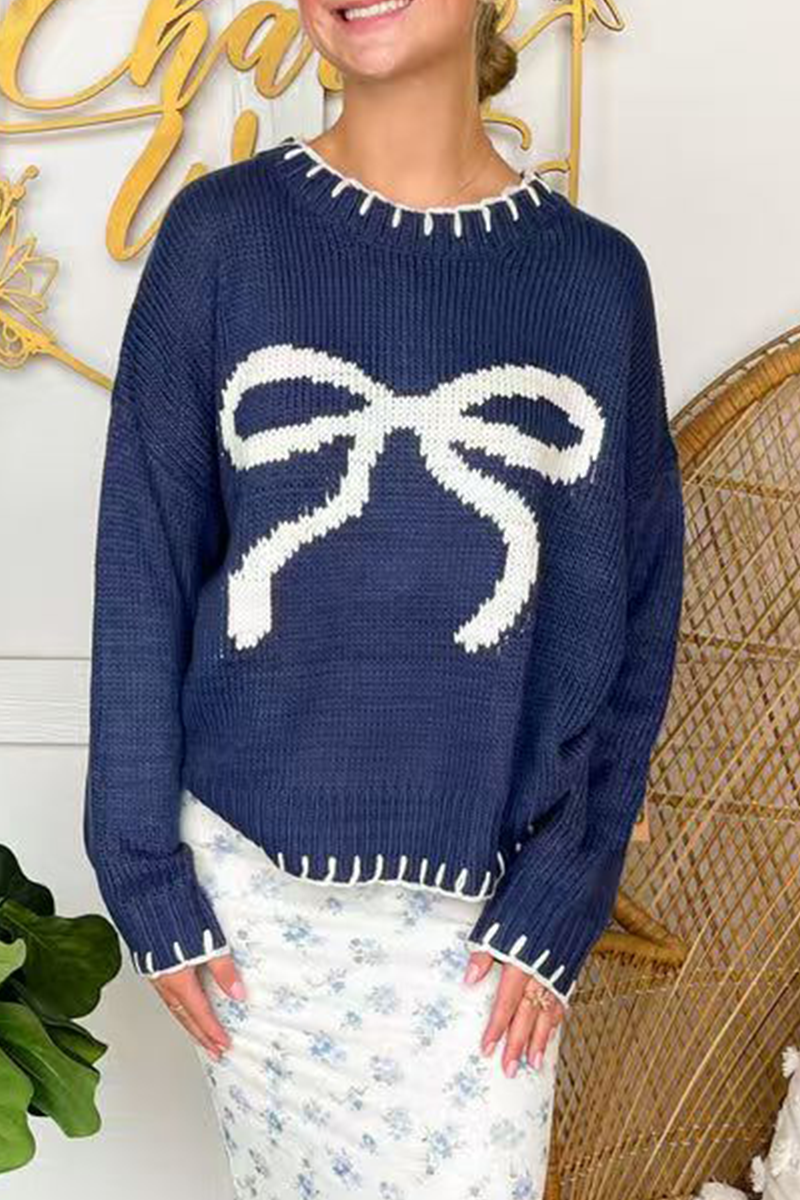 Pull en tricot à col rond avec nœud et contraste