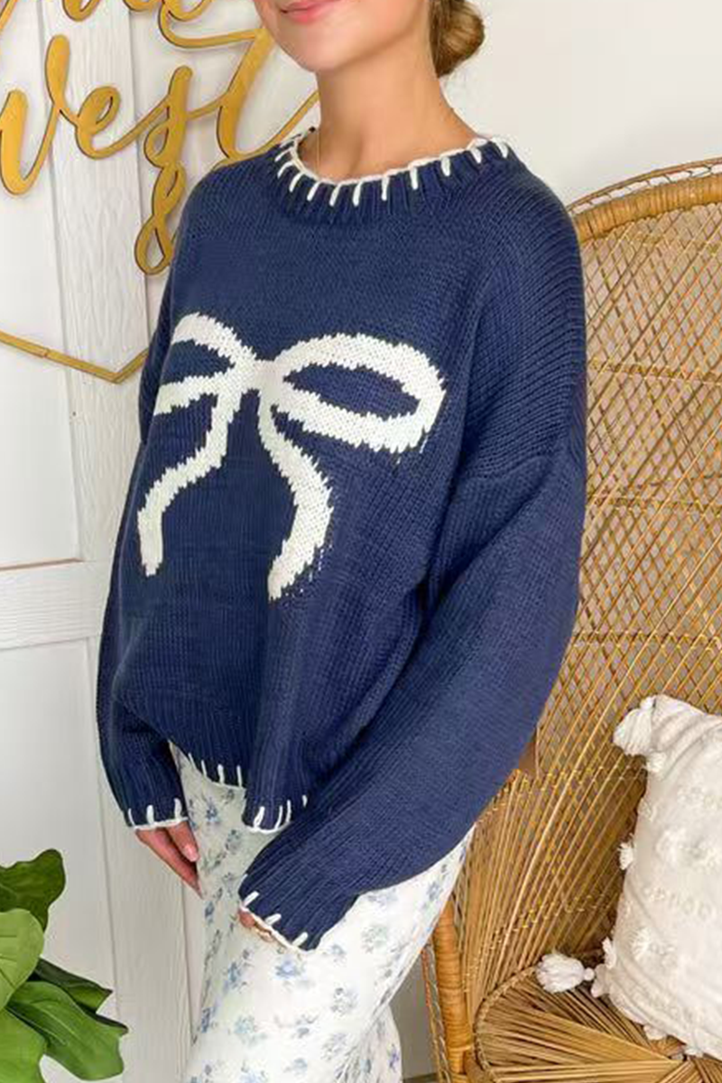 Pull en tricot à col rond avec nœud et contraste