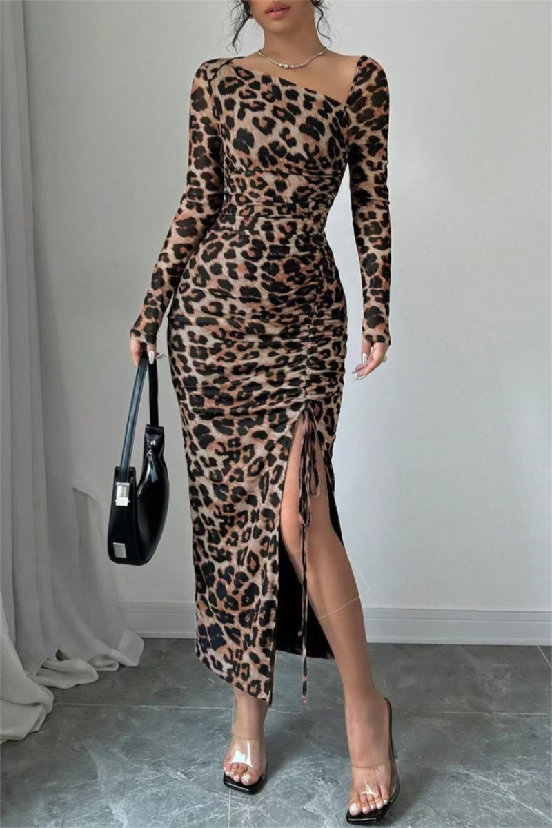 Sexy Casual Leopard Print Draw String Lace Up Slit Oblique Collar Long Sleeve Dresses(3 Colors)