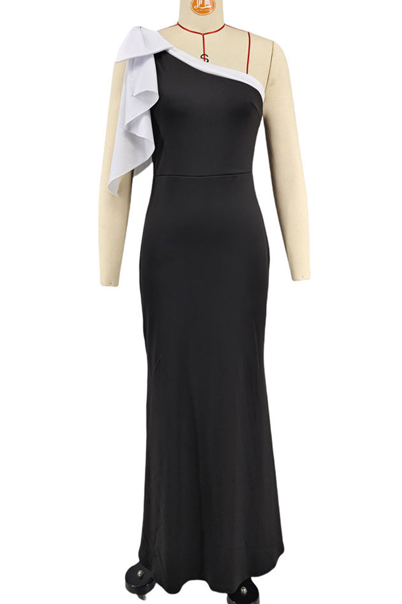 Elegant Patchwork Contrast Oblique Collar Long Dresses