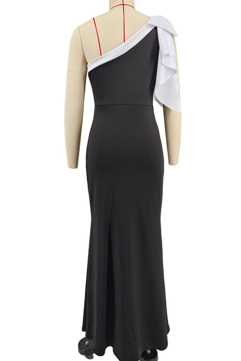 Elegant Patchwork Contrast Oblique Collar Long Dresses