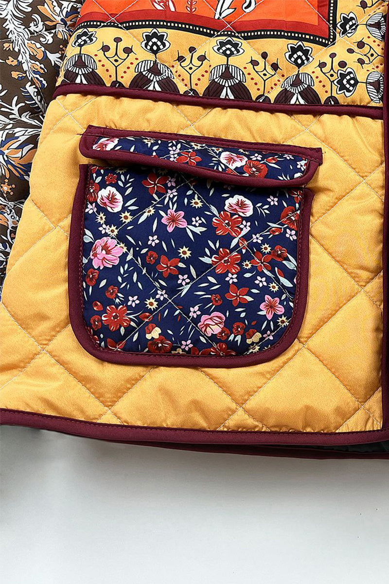 Vêtements d'extérieur décontractés, col mandarin, patchwork floral, poches contrastées.