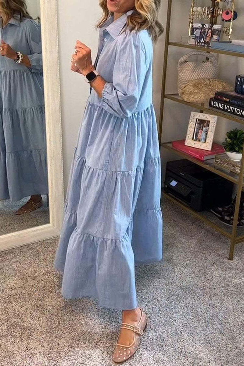 Casual Solid Color Buttons Ruffle Turndown Collar A Line Dresses