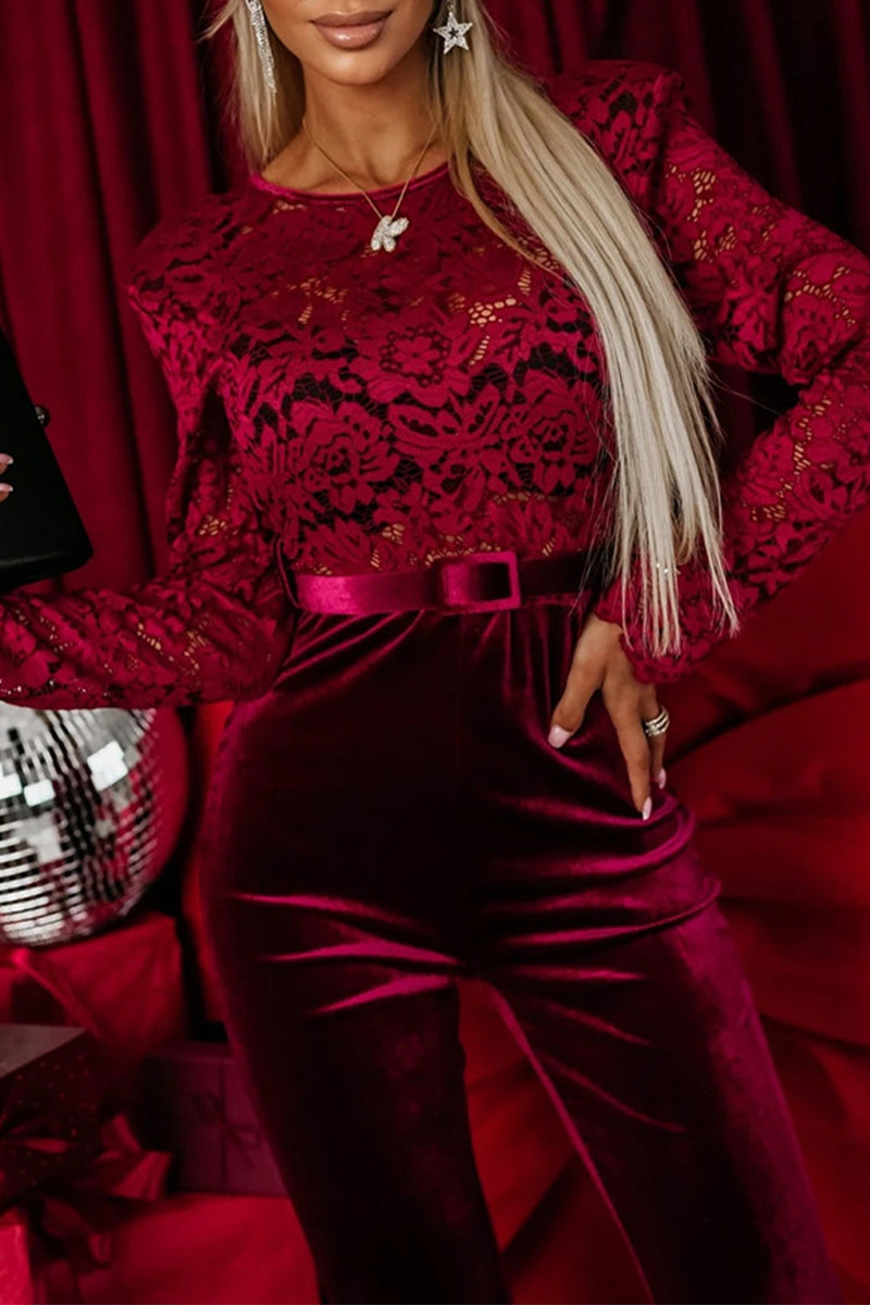 Sexy Spitzen-Patchwork-Overall aus Samt mit offenem Rücken und O-Ausschnitt (ohne Gürtel)