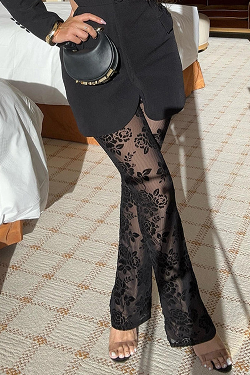 Sexy Spitzen-Hose mit transparentem Einsatz, normale hohe Taille