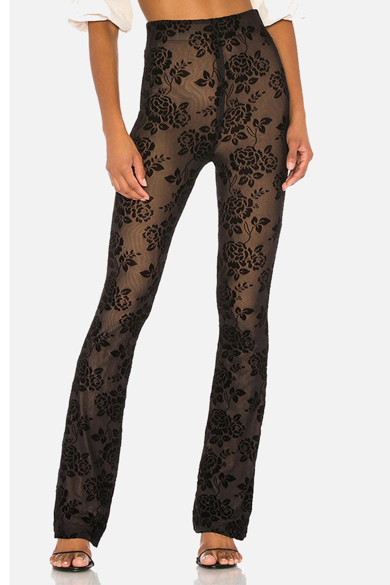 Sexy Spitzen-Hose mit transparentem Einsatz, normale hohe Taille