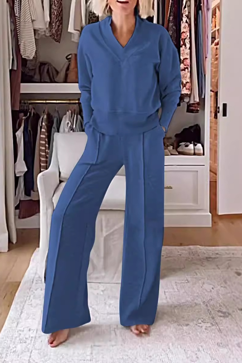 Ensemble deux pièces décontracté pour tous les jours, manches longues, col en V, poches et texture (7 couleurs)