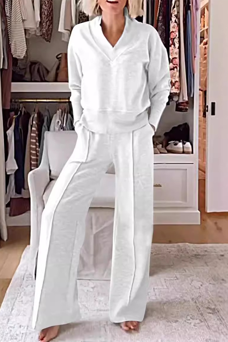 Ensemble deux pièces décontracté pour tous les jours, manches longues, col en V, poches et texture (7 couleurs)