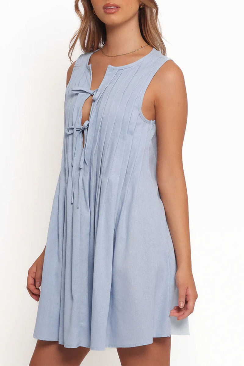 Robes décontractées à lacets, col rond, plissées, pour tous les jours (4 couleurs)