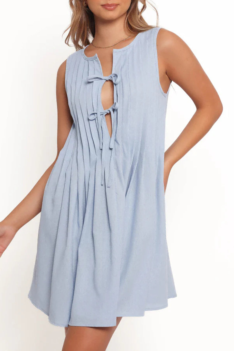 Robes décontractées à lacets, col rond, plissées, pour tous les jours (4 couleurs)