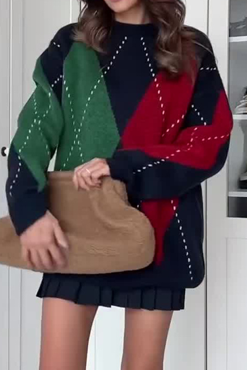 Casual Street Rhombus Patchwork Contrast O Neck Sweaters