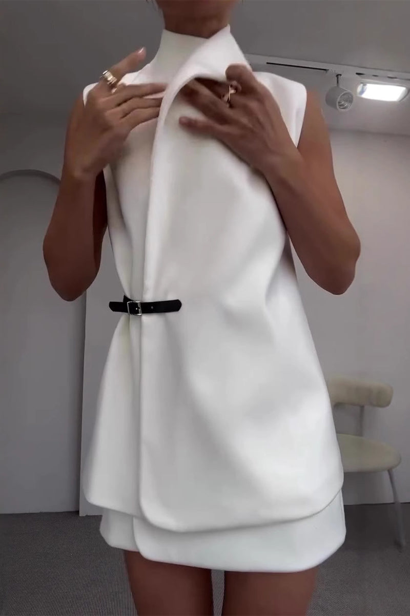 Ensemble deux pièces décontracté, sans manches, col mandarin réglable et boutons.