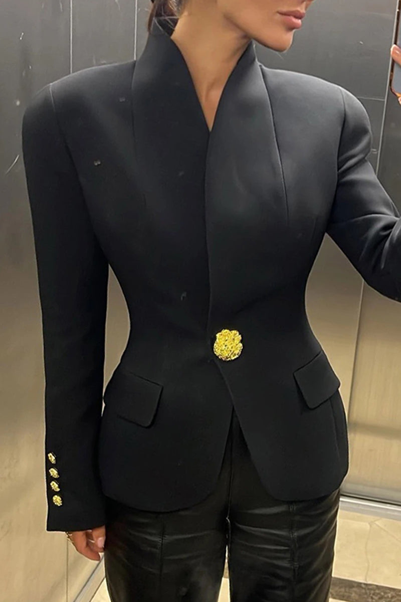 Vêtements d'extérieur décontractés, couleur unie, boutons, col en V.