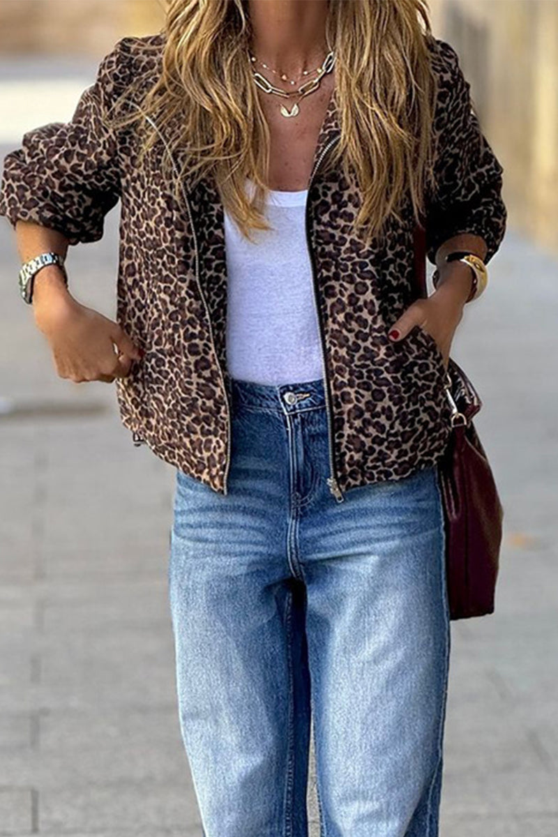 Vêtements d'extérieur à capuche zippés, style décontracté, avec des poches et des empiècements léopard.