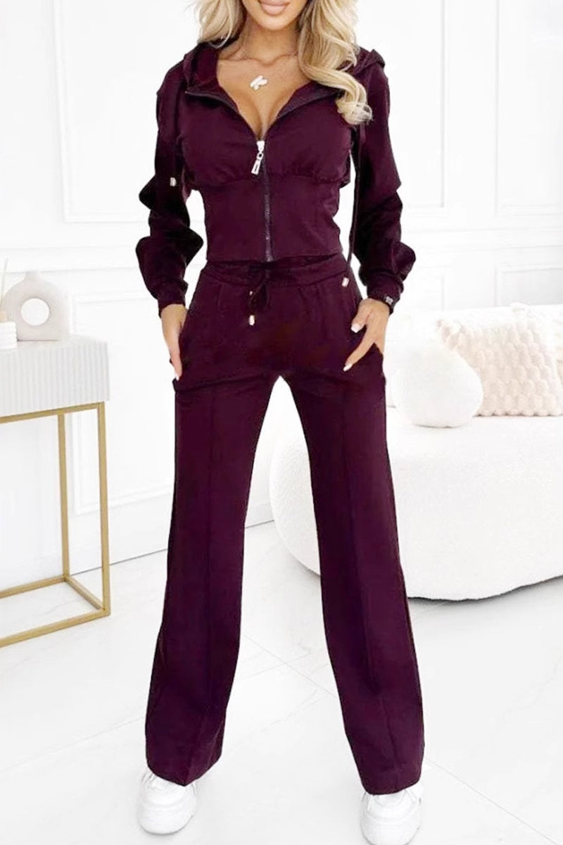 Ensemble deux pièces décontracté à porter au quotidien : sweat à capuche à manches longues avec poches et fermeture éclair (4 couleurs)