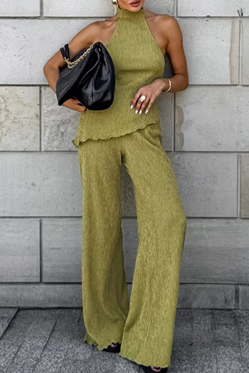 Ensemble deux pièces décolleté dos nu, taille haute, sans manches, à volants, style streetwear, pour tous les jours.