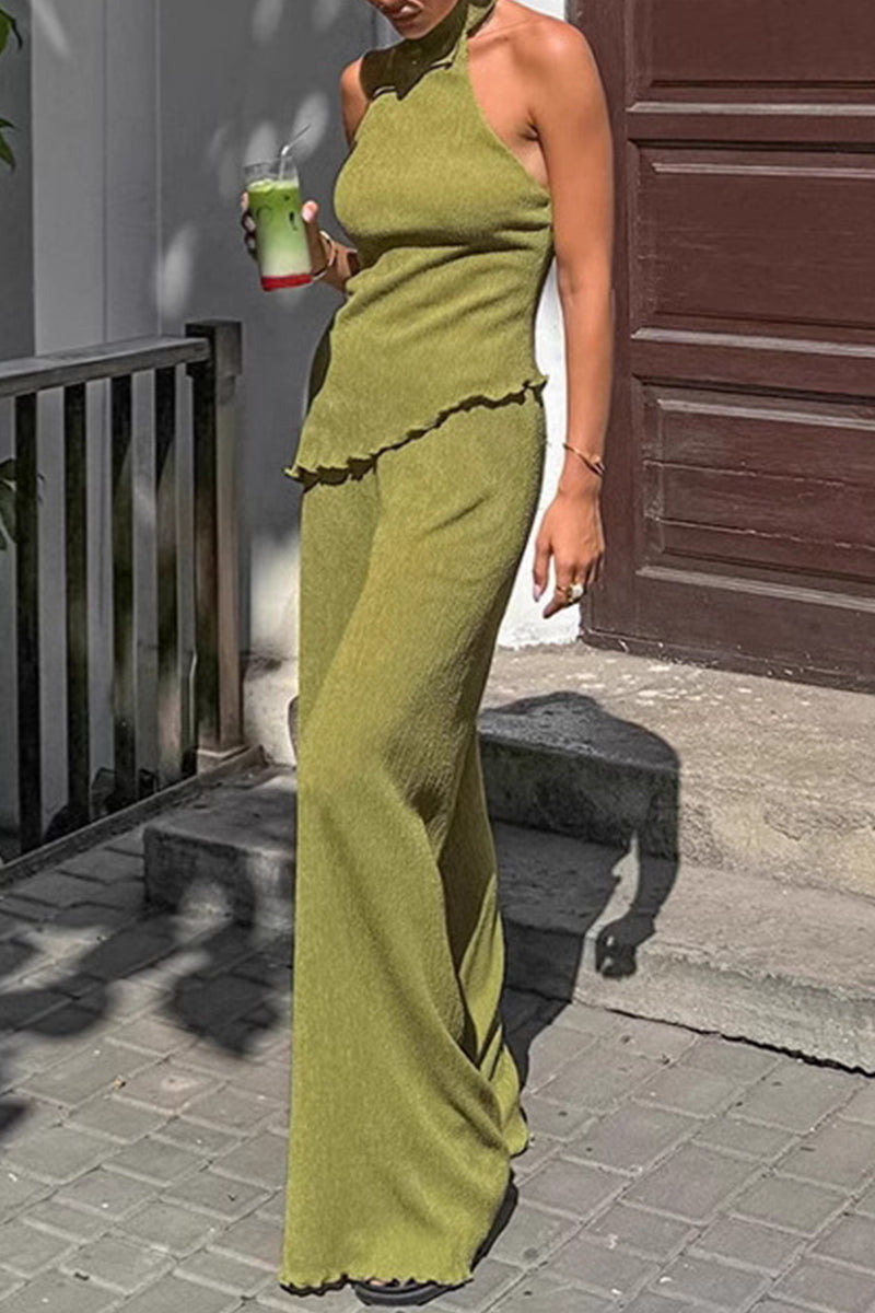 Ensemble deux pièces décolleté dos nu, taille haute, sans manches, à volants, style streetwear, pour tous les jours.