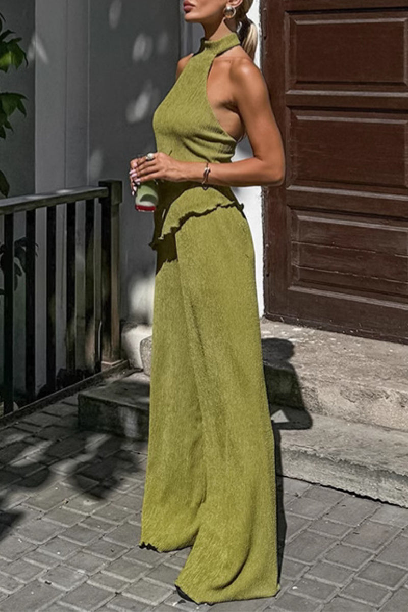 Ensemble deux pièces décolleté dos nu, taille haute, sans manches, à volants, style streetwear, pour tous les jours.