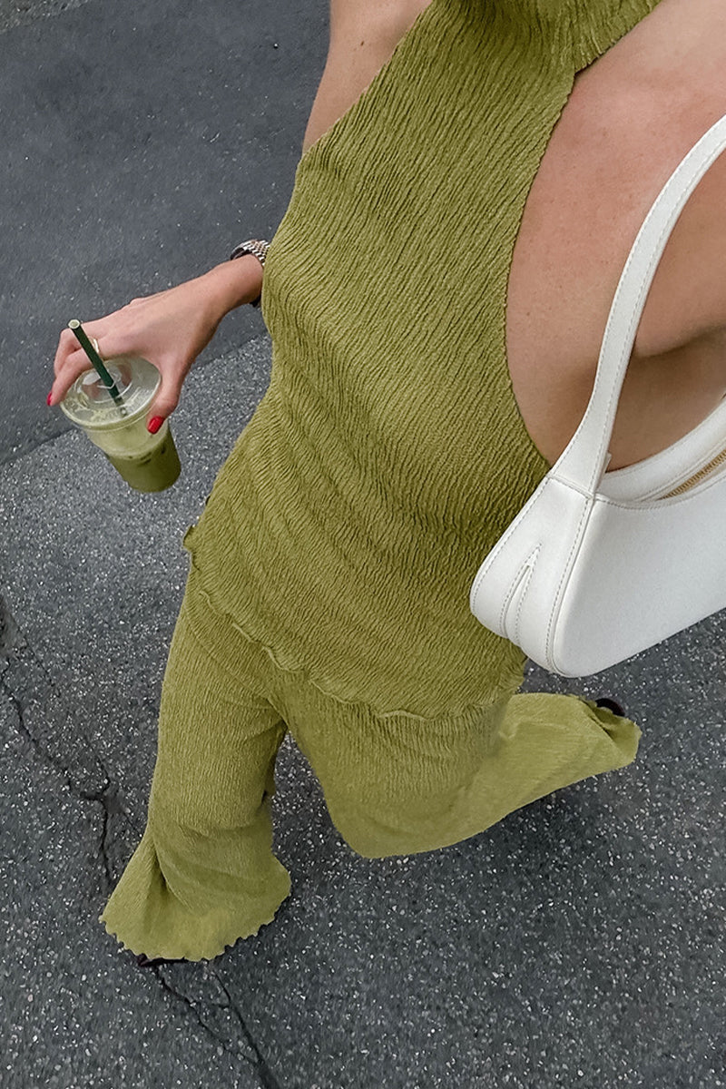 Ensemble deux pièces décolleté dos nu, taille haute, sans manches, à volants, style streetwear, pour tous les jours.