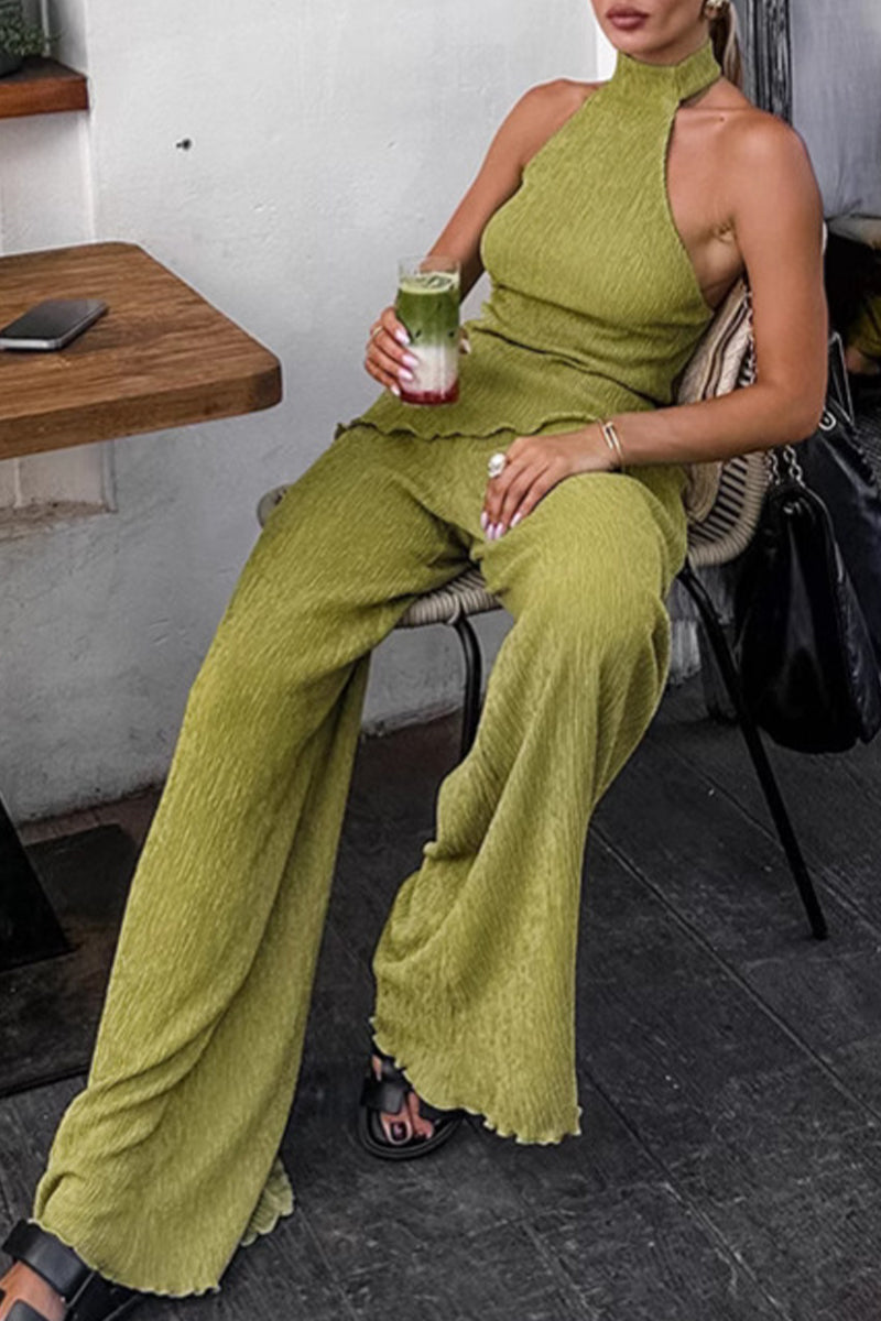 Ensemble deux pièces décolleté dos nu, taille haute, sans manches, à volants, style streetwear, pour tous les jours.