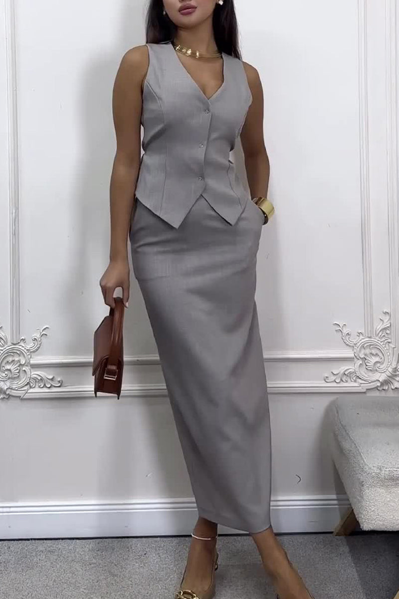 Pocket Buttons Strap Design V Neck Sleeveless Two Pieces(3 Colors)