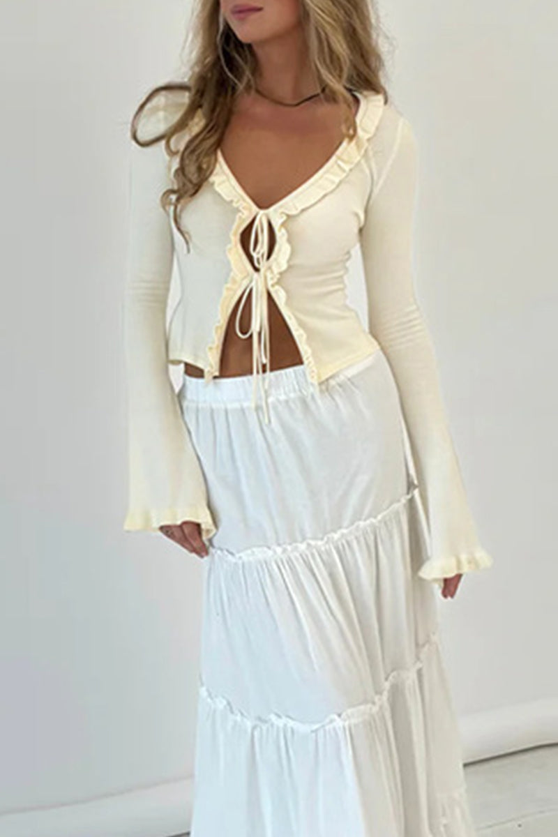 Haut décolleté en V, style décontracté, avec lacets et liseré, à encolure en V.