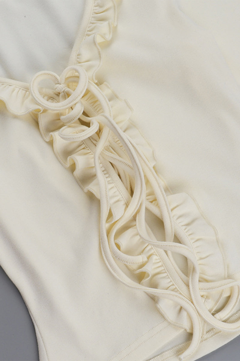 Haut décolleté en V, style décontracté, avec lacets et liseré, à encolure en V.