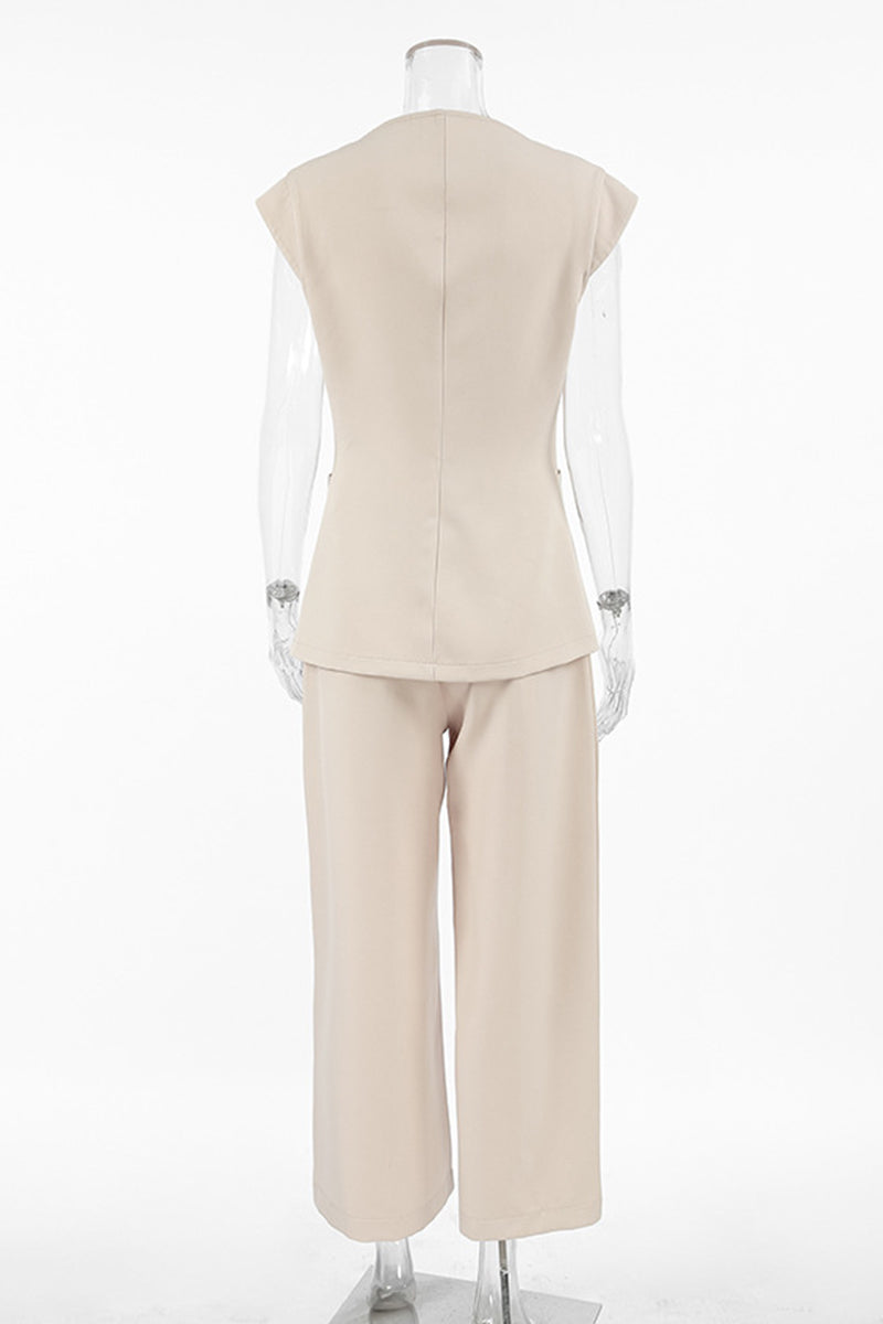 Casual Street Solid Color Pocket Buttons V Neck Short Sleeve Two Pieces