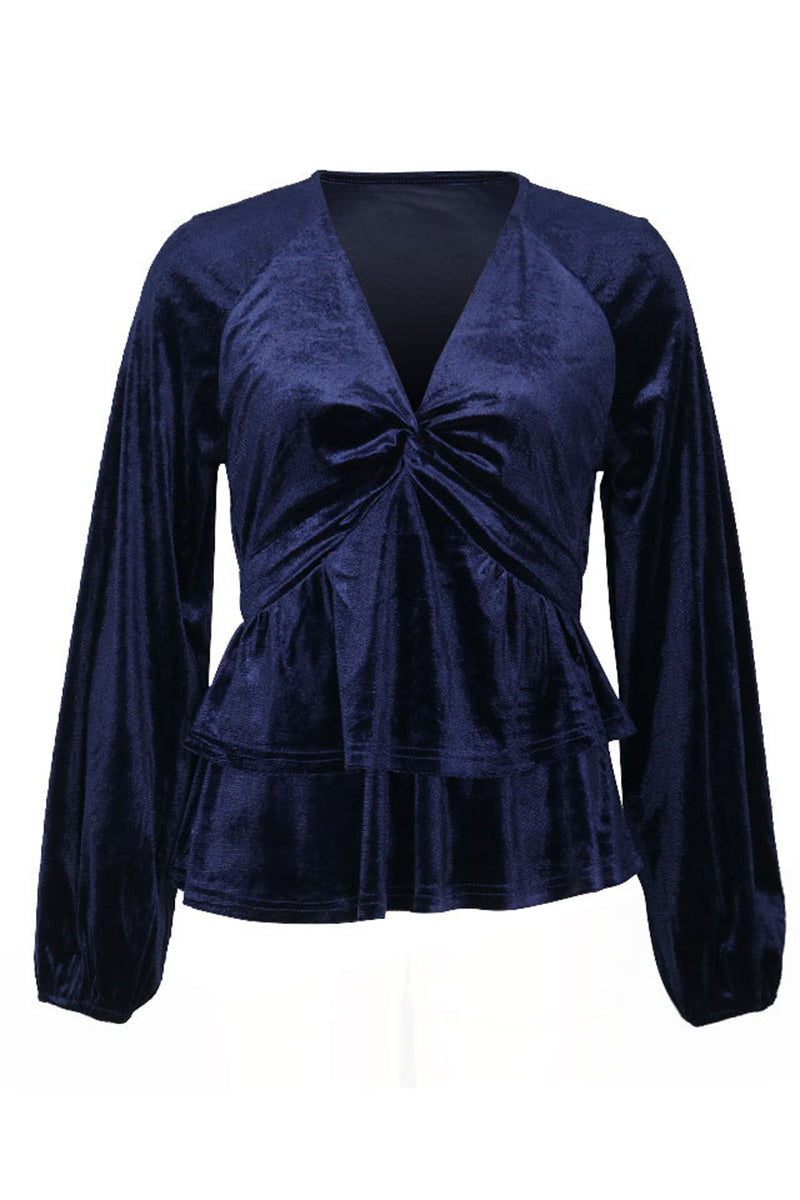 Elegant Ruched Velvet V Neck Blouses