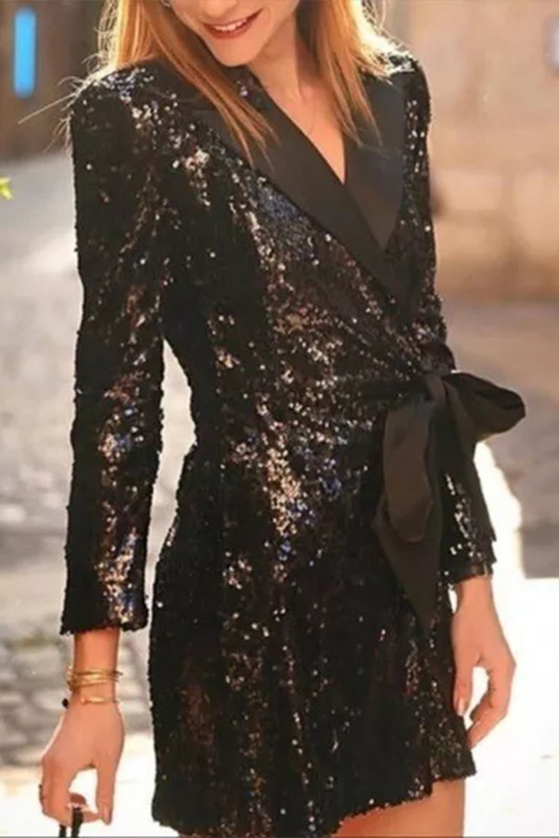 Robe-tailleur sexy en sequins avec lacets et col montant (4 couleurs)