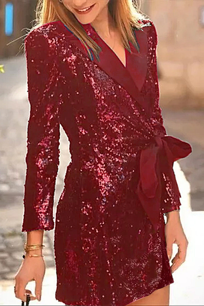 Robe-tailleur sexy en sequins avec lacets et col montant (4 couleurs)