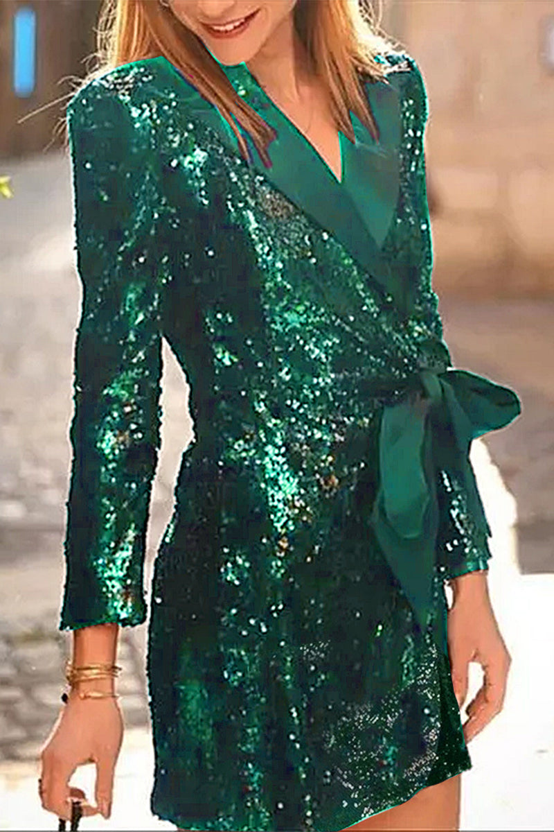 Robe-tailleur sexy en sequins avec lacets et col montant (4 couleurs)