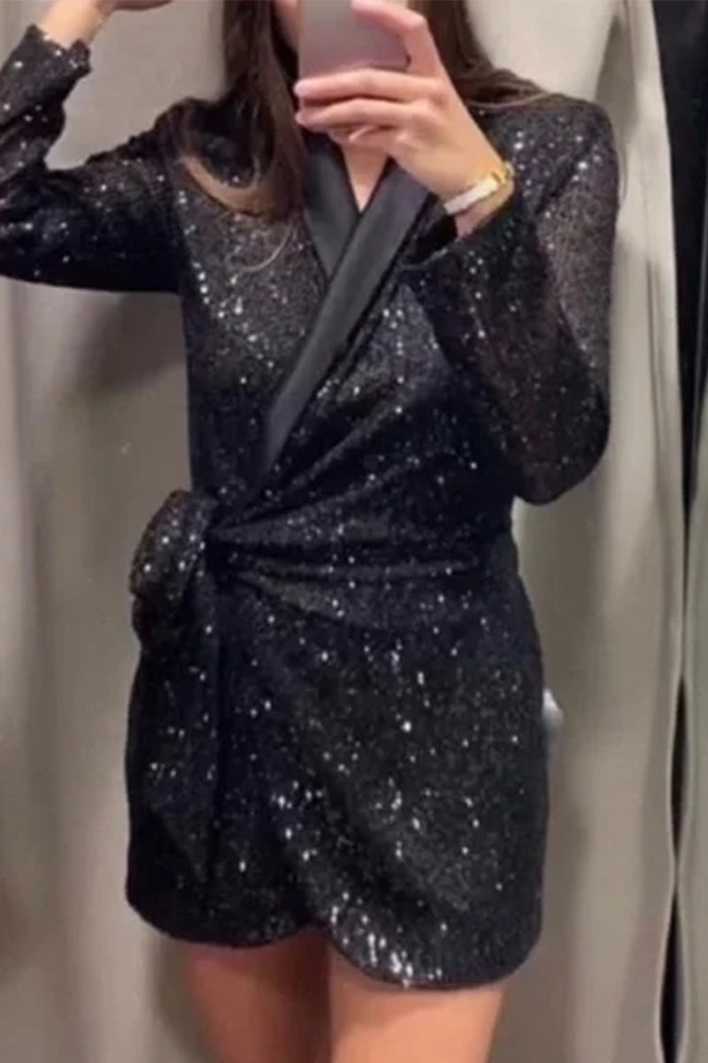 Robe-tailleur sexy en sequins avec lacets et col montant (4 couleurs)