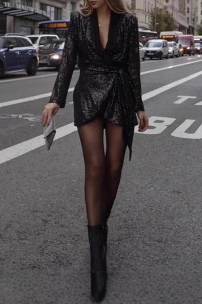 Robe-tailleur sexy en sequins avec lacets et col montant (4 couleurs)