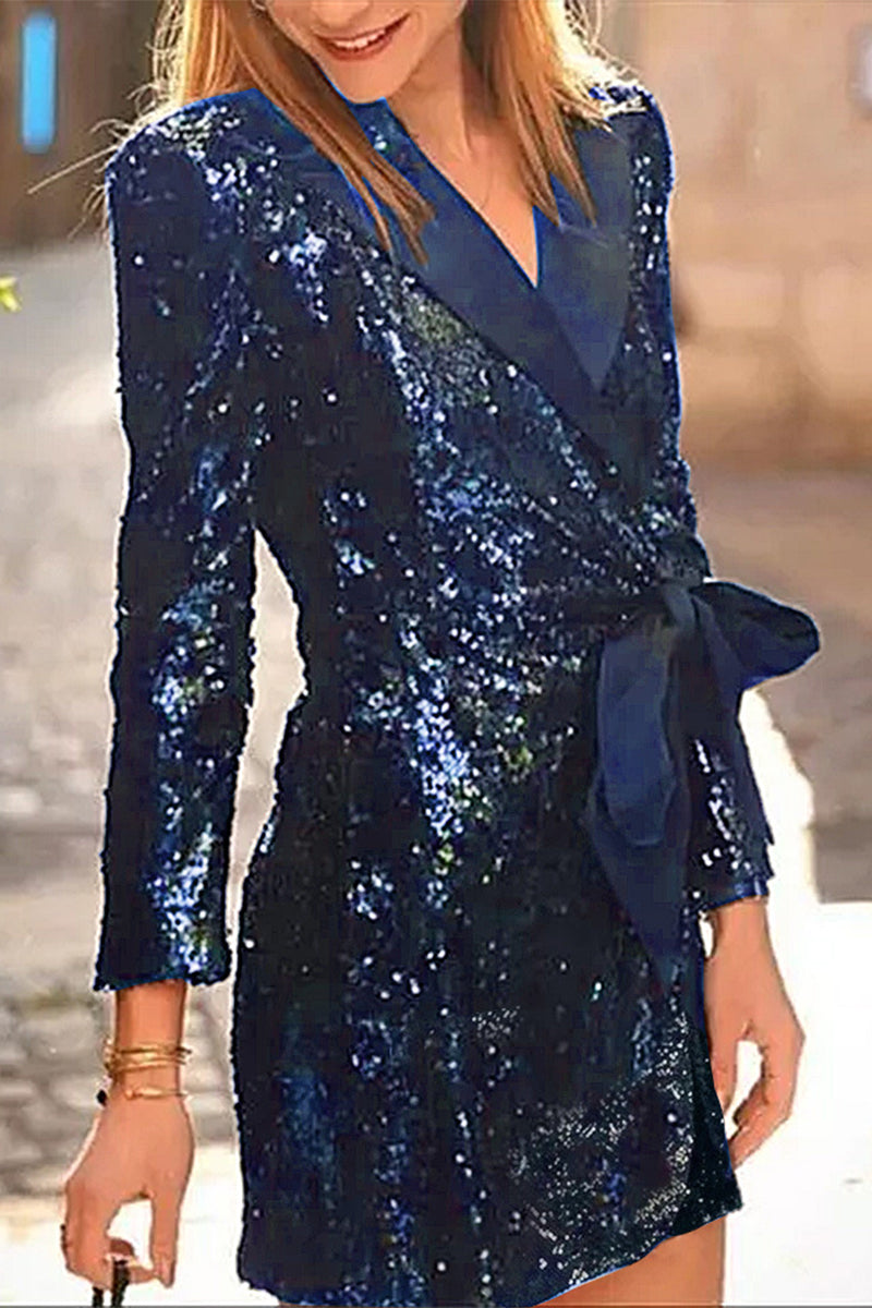 Robe-tailleur sexy en sequins avec lacets et col montant (4 couleurs)