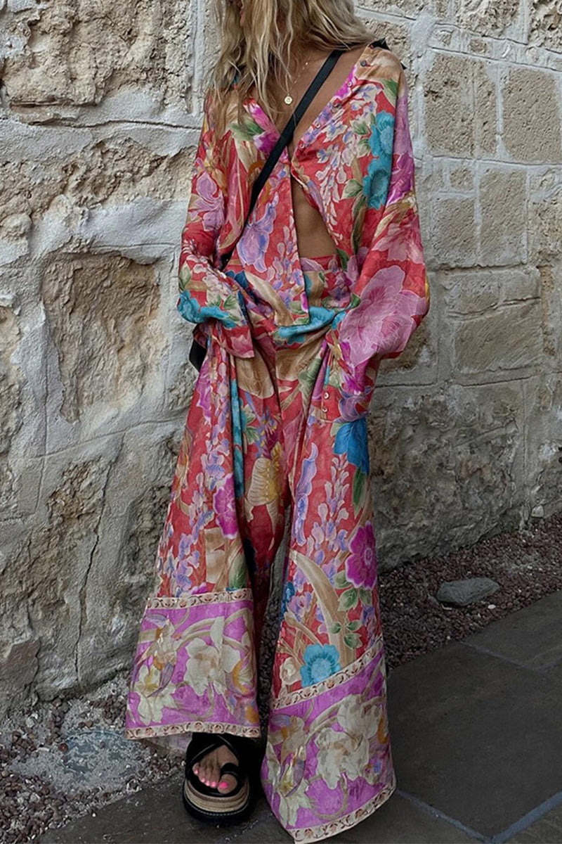 Ensemble deux pièces décontracté à manches longues, col montant contrasté, imprimé floral et poches.