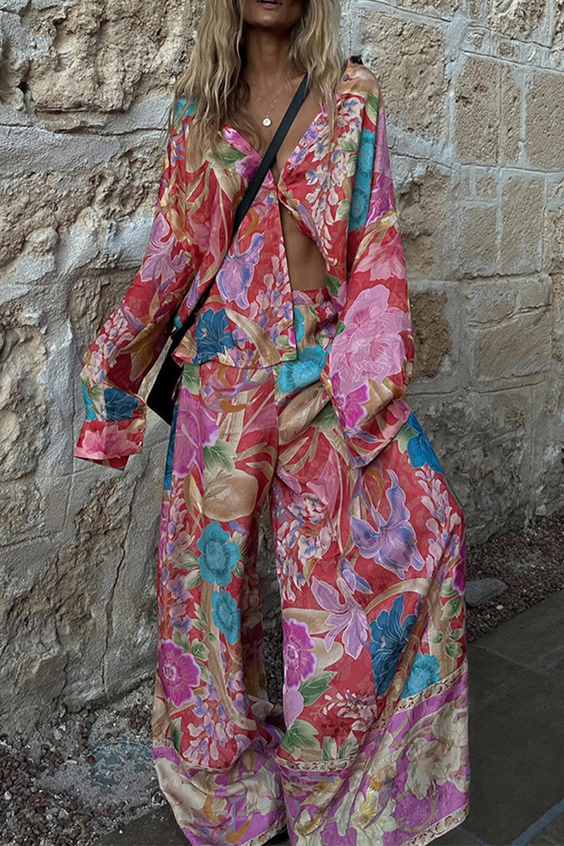 Ensemble deux pièces décontracté à manches longues, col montant contrasté, imprimé floral et poches.