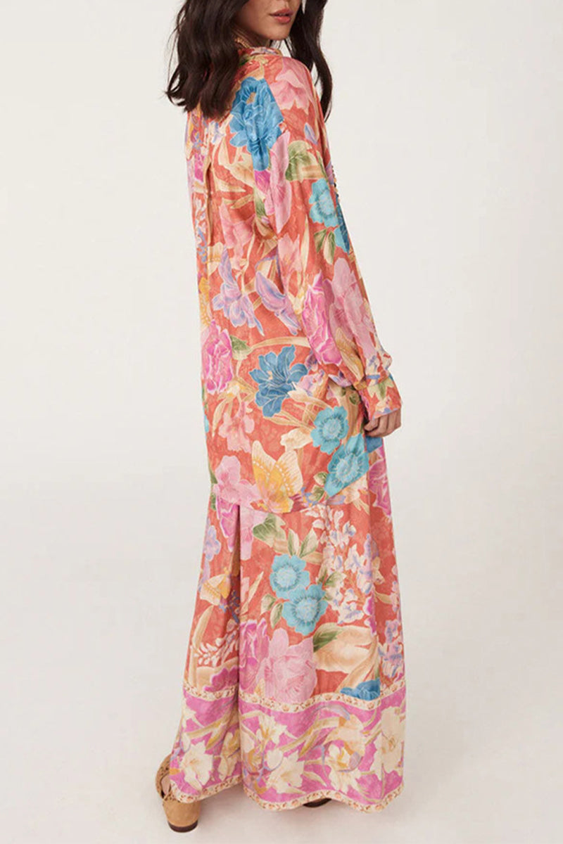 Ensemble deux pièces décontracté à manches longues, col montant contrasté, imprimé floral et poches.