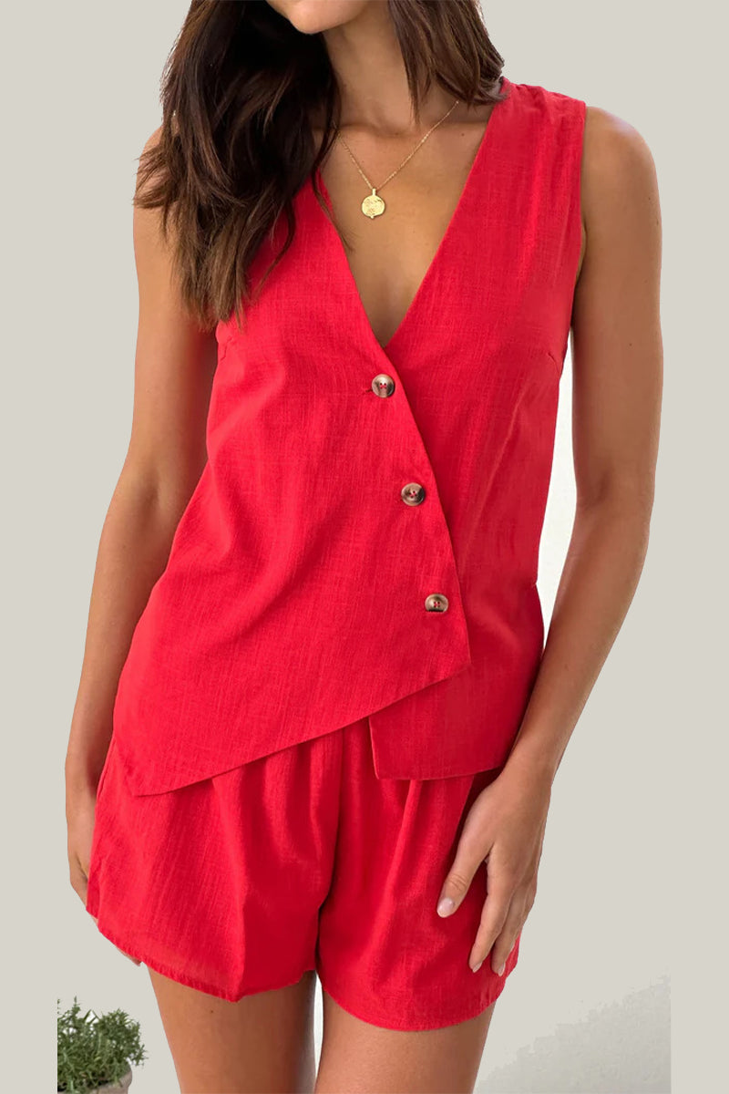 Ensemble deux pièces décontracté, boutonné, col en V irrégulier, sans manches, pour tous les jours.