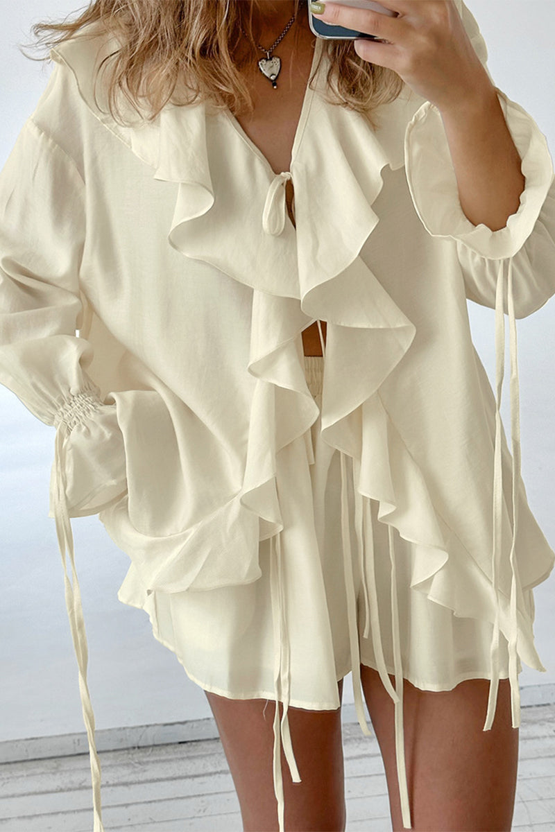 Ensemble deux pièces décontracté à porter au quotidien, avec lacets, volant, col en V et manches longues.