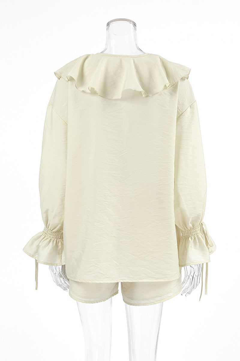 Ensemble deux pièces décontracté à porter au quotidien, avec lacets, volant, col en V et manches longues.