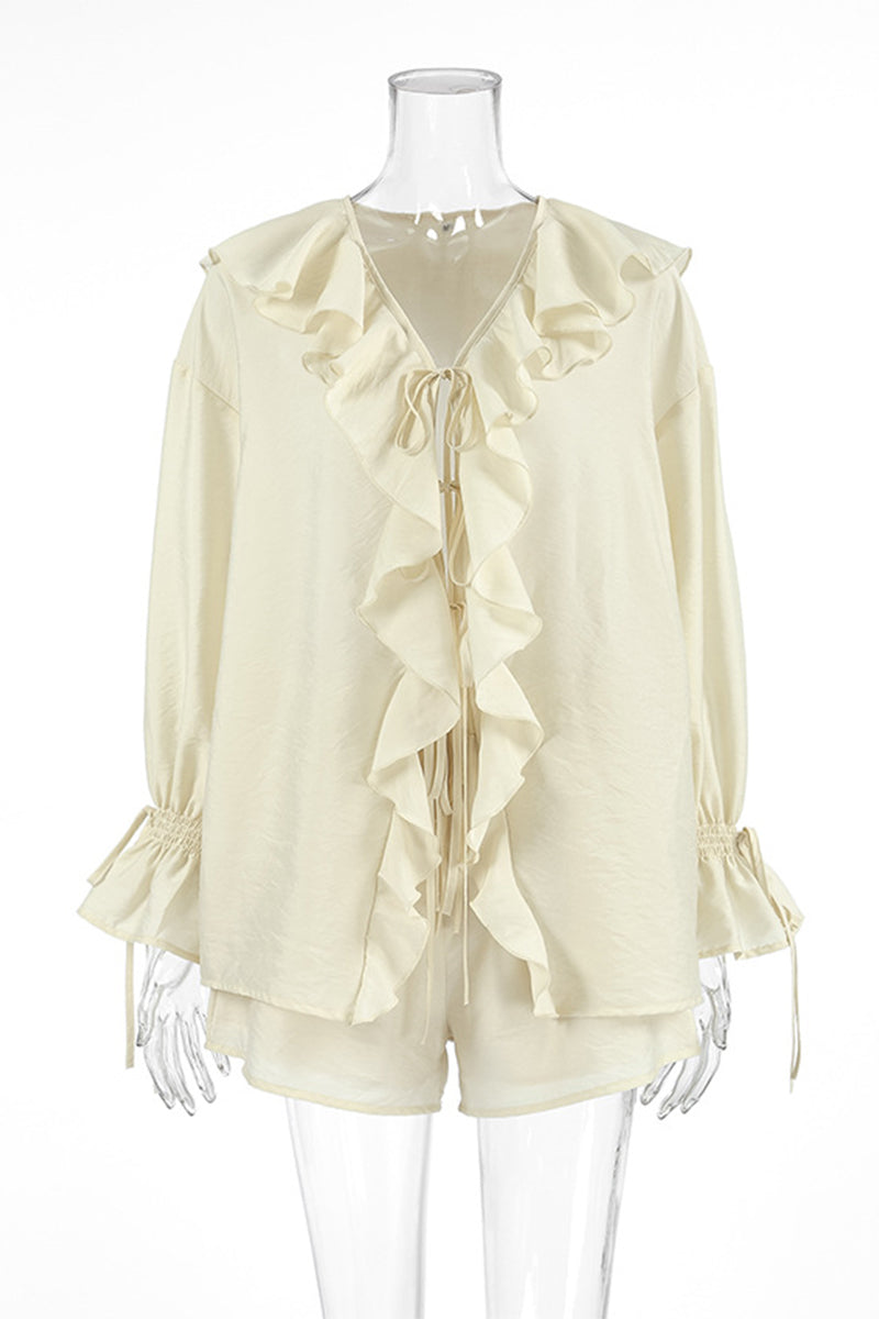 Ensemble deux pièces décontracté à porter au quotidien, avec lacets, volant, col en V et manches longues.